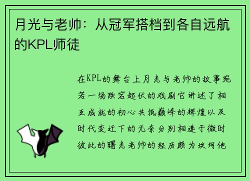 月光与老帅：从冠军搭档到各自远航的KPL师徒