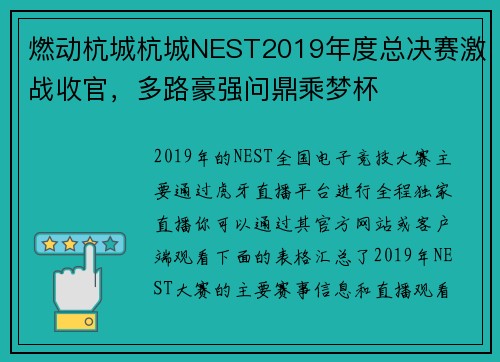 燃动杭城杭城NEST2019年度总决赛激战收官，多路豪强问鼎乘梦杯